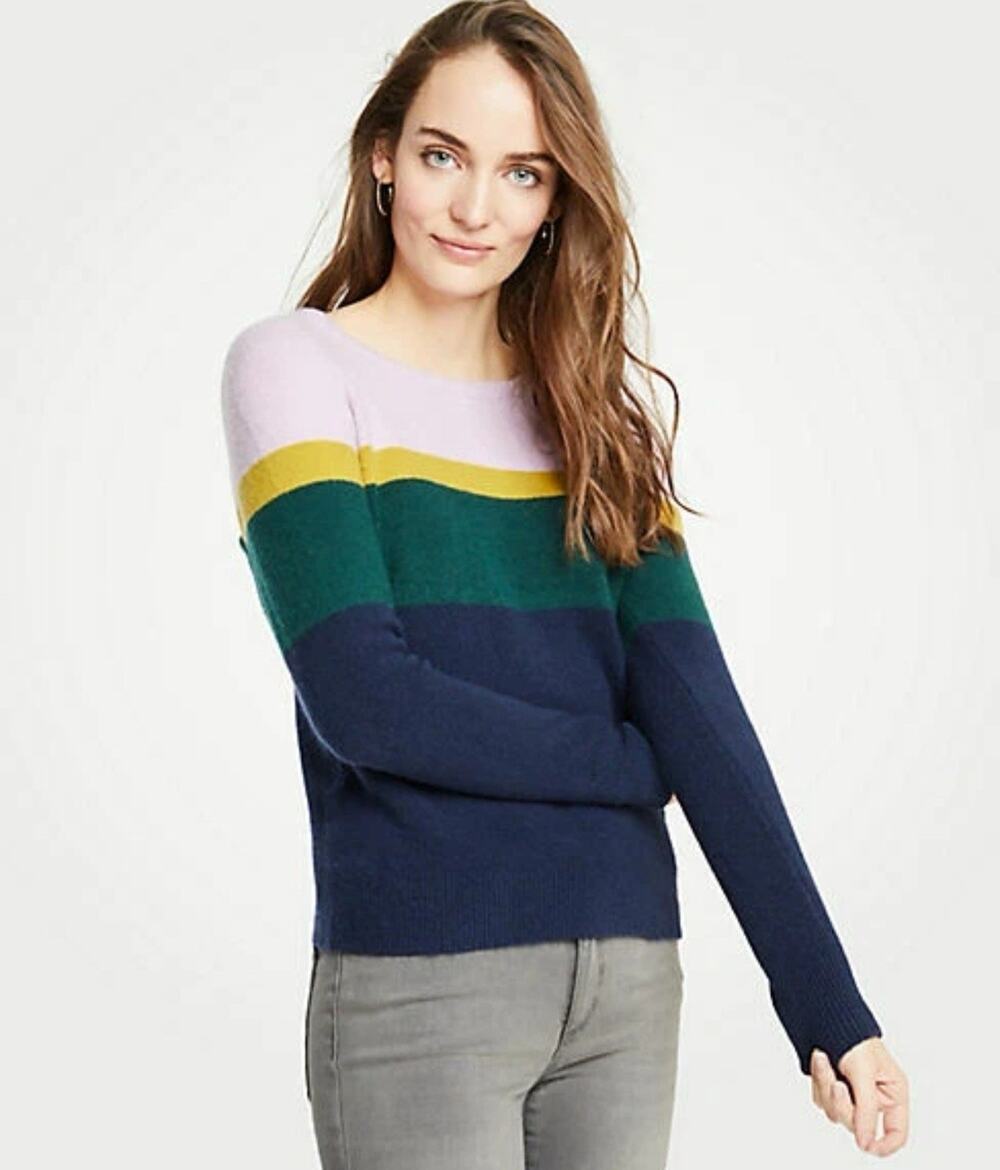 Ann Taylor Striped Purple Navy Green Crew Neck Long Sleeve Sweater Top Small